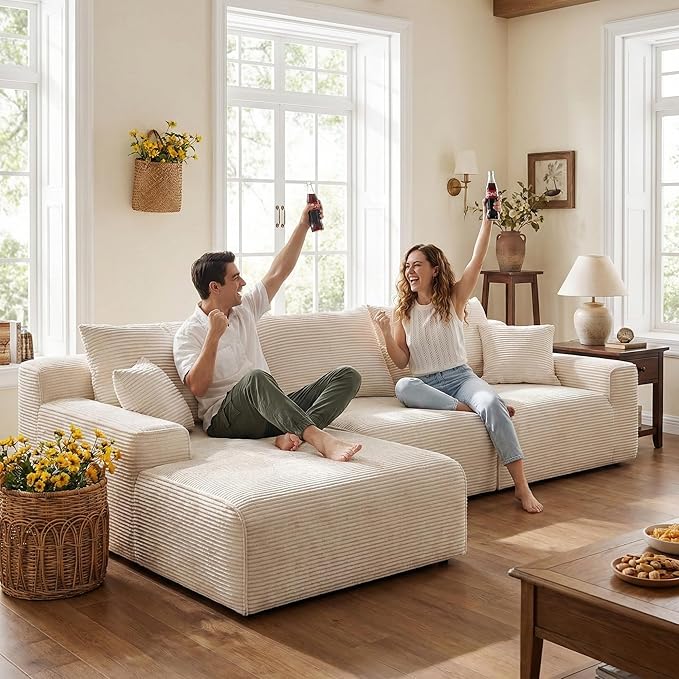 97" L-Shaped Cloud Corduroy Sofa with Left Chaise, Modular Sectional Couch, Flexible Combination Couches for Living Room, Bedroom, No Assembly Required (White)