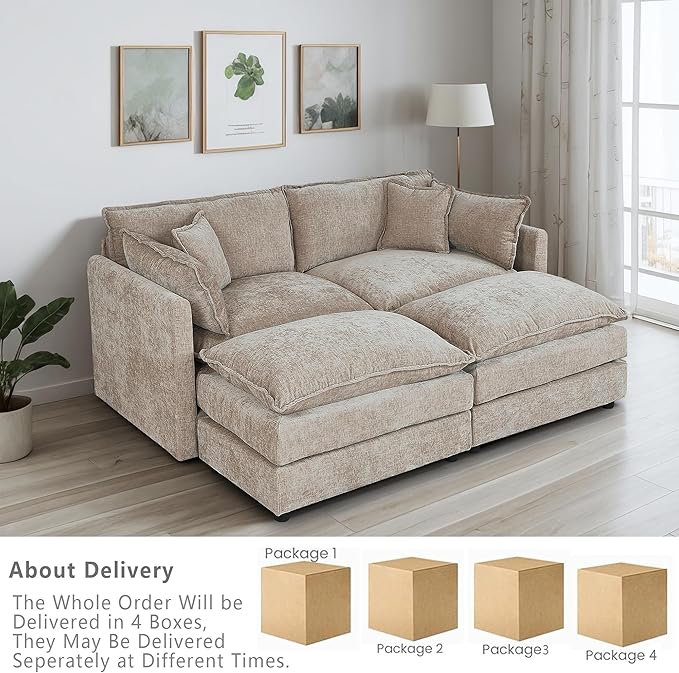 Setawix Deep Loveseat Couch with Ottomans,Large 2 Seater Lounger Cloud Couches for Living Room,77.16" Chenille Cloud Sofas with Deep Seat,Modular Sectional Sleeper Sofa for Bedroom (Coffee, 2+2)