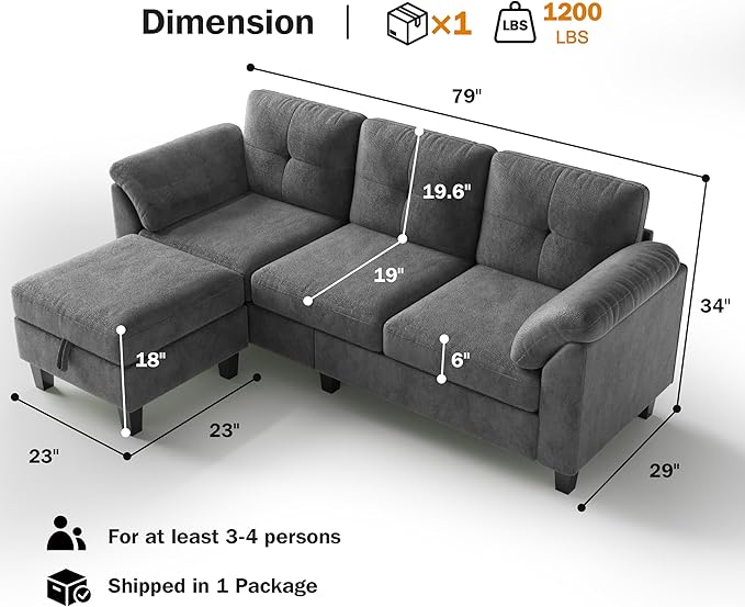 WEUP 79" Convertible Sectional Couch with Storage Ottoman, L Shaped Small Sofa, 4 Seat Couches for Living Room, Apartment, Small Space, Grey