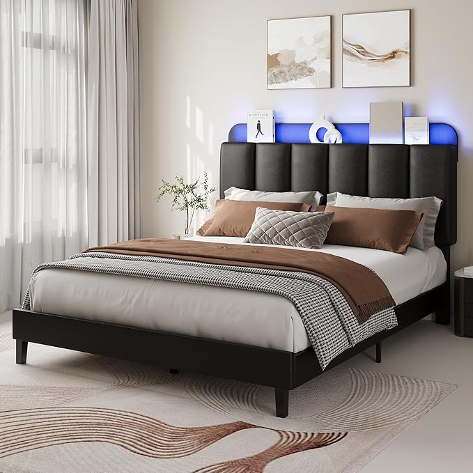 BarnFurin Queen Bed Frame with LED Lights, Upholstered Bed Frame Queen Size with Storage Headboard, Modern Platform Design Noise-Free, No Box Spring Needed, Easy Assembly, Black