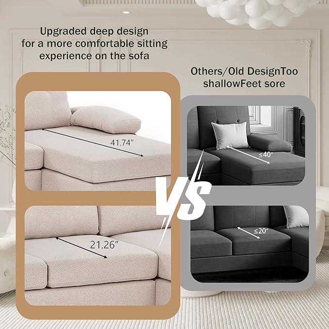 111" Sectional Couch for Living Room, Modern Polyester Fibre U Shaped Sofa Couches with Double Chaise, Upholstered 4 Seater Sofa for Living Room, Apartment, Office, Beige