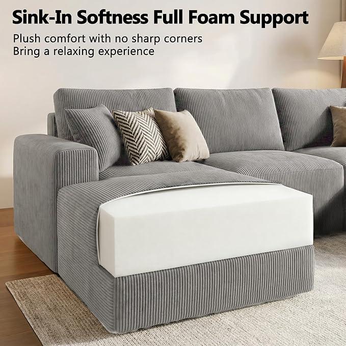 Homall Sectional Couches for Living Room, Modern Boneless Couch with Deep Seat, Upholstered Cloud Sofa, No Assembly Required (Grey, Oversized Sofa)
