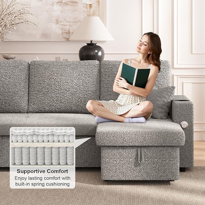 Sleeper Sofa Bed, 4-in-1 Pull Out Couch with Reversible Chaise | Dual USB & Type-C Charging | Dual Cup Holders | Layered Storage (Armrest + Chaise) for Living Room, Apartment, Home Office (Light Gray)