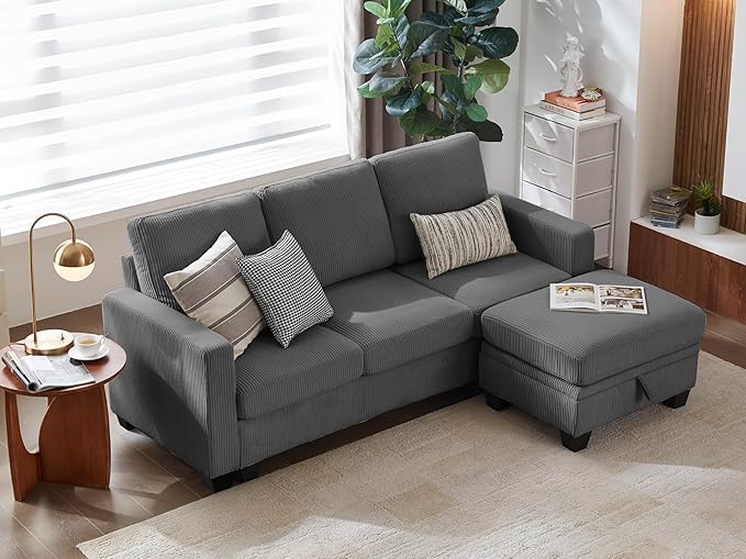CHIC HOUSE Modular Sectional Sofa with Storage Ottomans, Corduroy Cloud Couch for Small Spaces & Apartments, Reconfigurable L/U Shaped Convertible Corner Sofa (4 Seater Sectional, Dark Grey)
