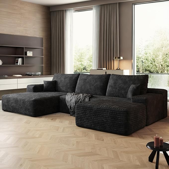108" Sectional Couches for Living Room Cloud Couch Sofa with L-Shape Upholstered Boneless Couchs Modern Modular Sectional Couch with Chaise (Black, 108" Left Facing Chaise+2Seaters+1Ottoman)
