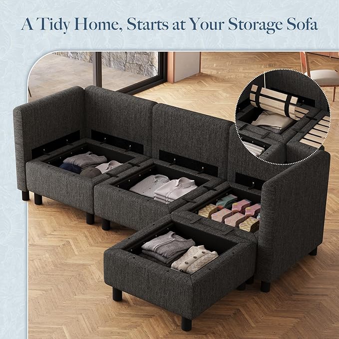 Belffin 84.3" 4 Seats L Shaped Couch Modular Sectional Sofa Washable Sectional Couches for Living Room Comfy Couches with Storage Seat Couch Sofas with Chaise,Dark Grey