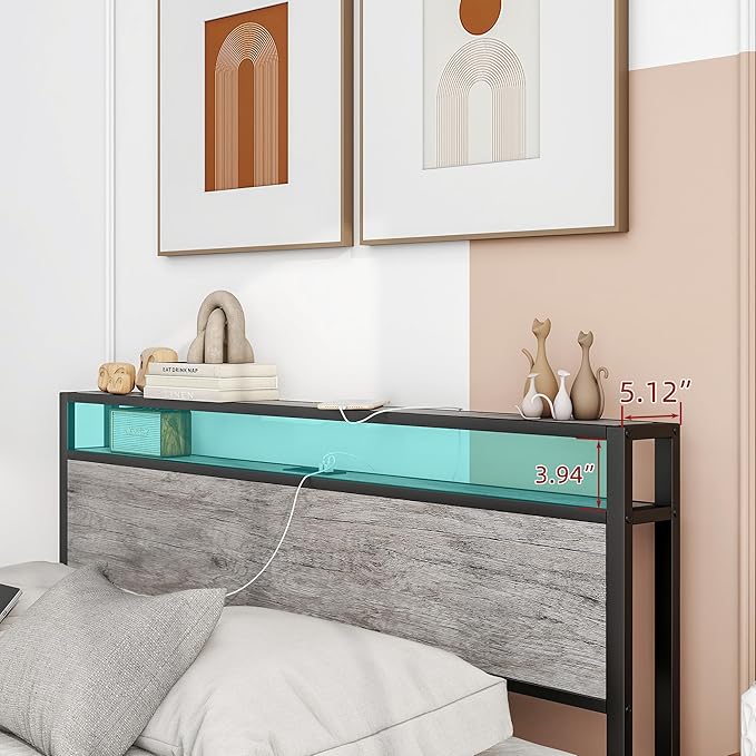 BOFENG Queen Bed Frame with Wood Headboard Storage,Heavy Duty Metal Platform Bed Frame Queen Size with Charging Station,Reinforced Steel Slats Support,No Box Spring Needed,Noise Free,Greige