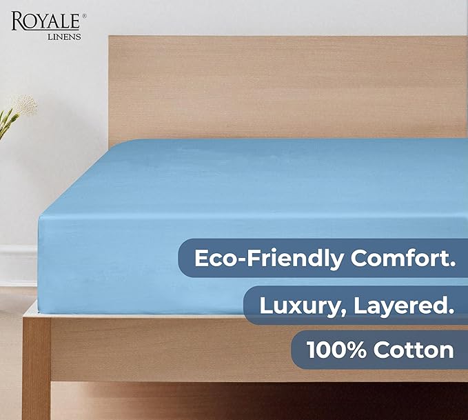 Royale Linen 100% Organic Cotton Fitted Sheet - Percale Weave - Super Soft Deep Pocket Bottom Sheets - Lake Blue Elastic Sheet King Cal Size - California King Fitted Sheets - (72"x84"+15", Lake Blue)