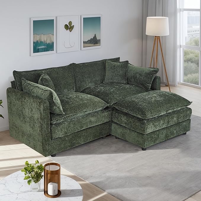 Setawix Deep Loveseat Couch with Ottoman,Large L-Shaped 2 Seater Cloud Couches for Living Room,77.16" Chenille Cloud Sofas with Deep Seat,Modular Sectional 2 Seat Sofa for Bedroom (Green, 2+1)