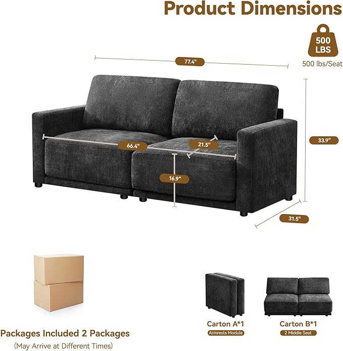 77.4" Chenille Modular Loveseat Oversized Upholstered 2 Seater Sectional Sofa with Thickened Cushions, Easy Assembly, Modern Comfy Love Seat Couch for Living Room, Black