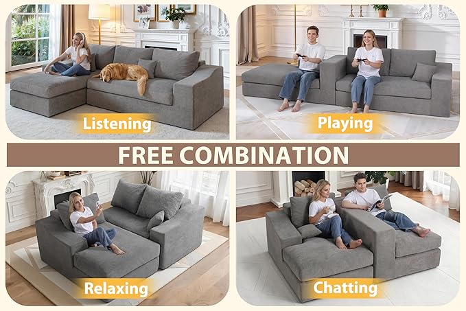 HABUTWAY 101'' Modular Sectional Sofa, Cloud Sectional Couches for Living Room, Comfy Boneless Couch with Deep Seat, Modern L-Shape Sofa with Chaise, No Assembly Required (Grey, Left Facing Chaise)