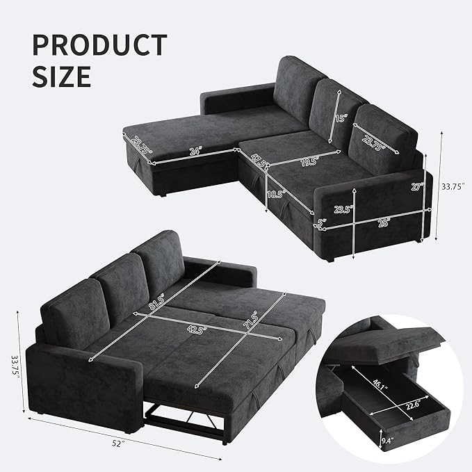 81.5" Convertible L Shaped Sleeper Sofa, 3-Seat Pull Out Sectional Couch with Storage Chaise & Removable Cushions, Chenille Fabric for Small Living Room Apartment, Dark Gray