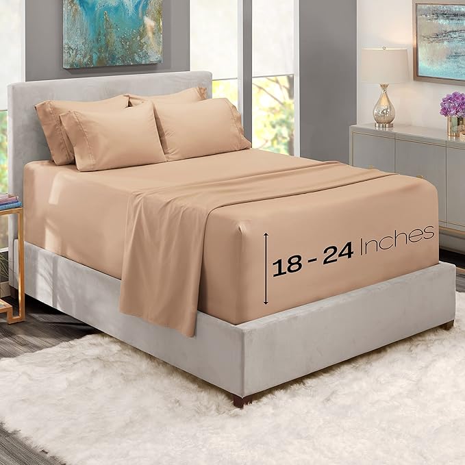Hearth & Harbor Extra Deep Pocket Sheets - Fits Mattress 18-24 Inches Deep - Extra Deep Pocket California King Size - 6 Piece Cal King Sheets - Cal King, Taupe