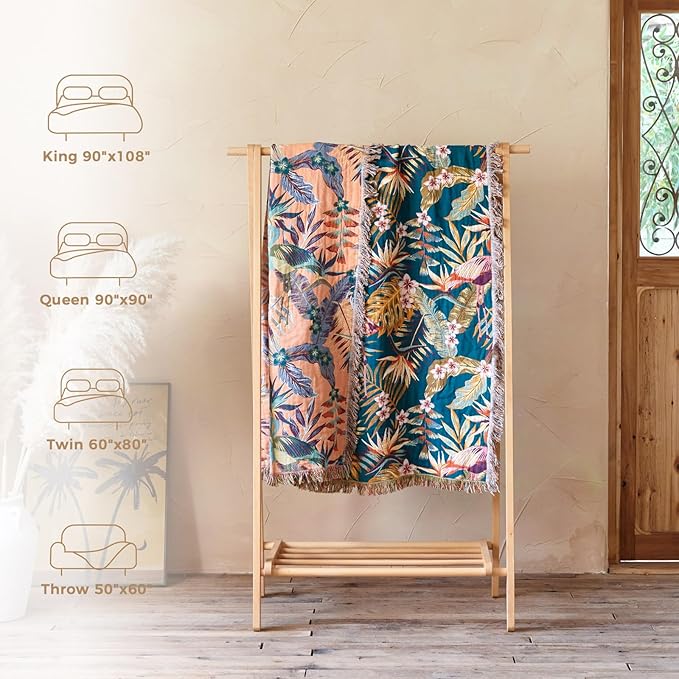 LUTBM Boho Throw Blanket for Couch Sofa Chair Cotton Spring Blankets for Bedroom Living Room All Season Lightweight Reversable Forest Embroidery Throws 50"x60"
