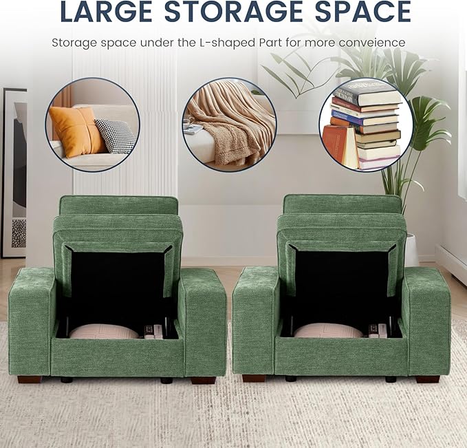 TEKAMON 45" Accent Chair with Seat Storage, Oversized Single Sofa Chair, Modern Chenille Fabric Armchair for Living Room/Office with Wide Armrests, Side Pockets, USB/Washable Covers(Green)