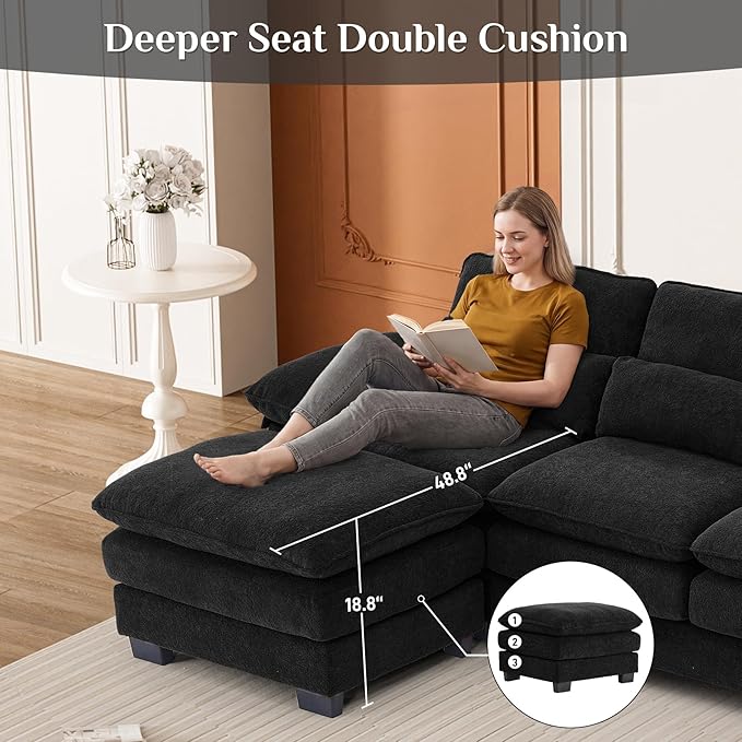 113" Cloud Couch Sectional Modular Sofa U Shaped Sectional Couches for Living Room Comfy 5-Seater Deep Seat Couch Chenille Cloud Sectional Sofa with Movable Ottoman & 4 Pillows, Black