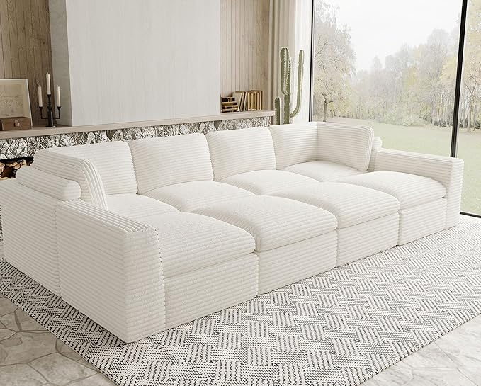 Boneless Modular Sectional Sleeper Sofa Bed Plush Corduroy Cloud Sectional Couches for Living Room with Deep Seat. White Couch.