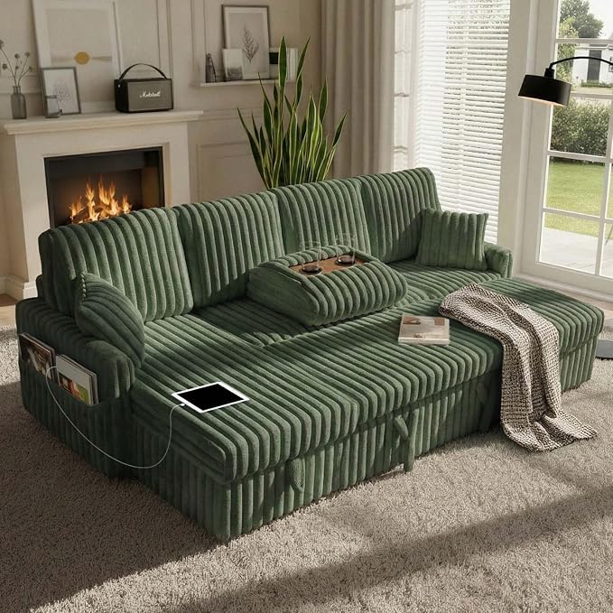 104" U Shaped Sleeper Sofa Bed, Sectional Couches for Living Room, Plush Corduroy Pull Out Couch Bed with Storage, Modular Sectional Couch with Charging Station, Cup Holder, Side Pocket, Green