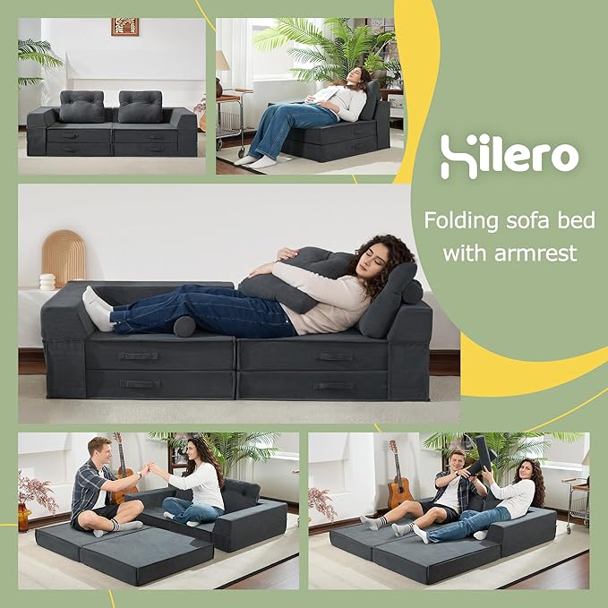 Folding Sofa Bed, 4 in 1 Convertible Sleeper Chair with Pillow, Loveseat Memory Foam Fold Out Chair Bed, Modern Floor Futon Sofa Couch Mattress for Living Room/Guest/Apartment, Black Grey | Compressed sofa, L shaped armrest, Sturdy backrest, Large supp...