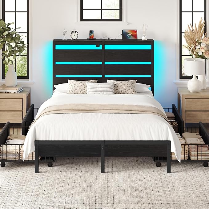 Rolanstar Full Size Bed Frame with 4 Drawers, LED Lights and Charging Station, Metal Platform Bed with Storage Headboard, Noise Free, Easy Assembly, No Box Spring Needed, Black