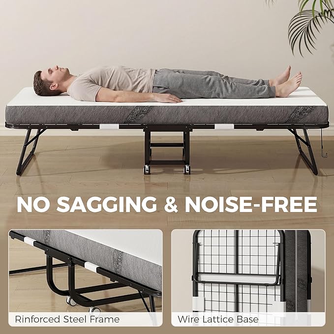 HOMCOM Folding Bed with Mattress for Adults, Long Cot Size, Portable Foldable Bed with 5" Memory Foam Mattress & Space-Saving Steel Frame, 79" x 31", Fold Up, Roll Away & Hideaway, White