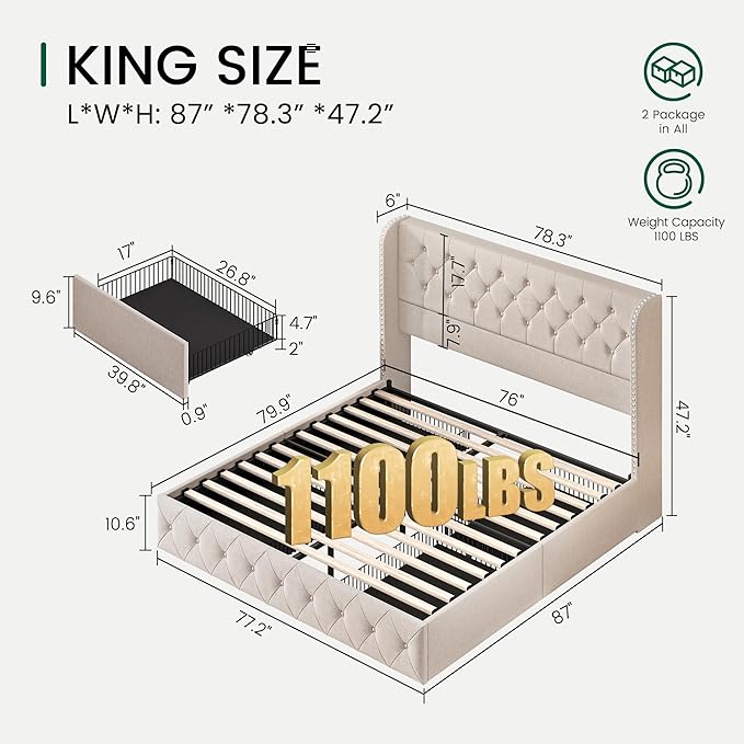 LARMACE King Size Bed Frame with 4 Storage Drawers and 47.2" Tall Tufted Headboard Linen Upholstered Platform Bed Frame Wingback Beds with Wooden Slats Support, Easy Assembly, Beige