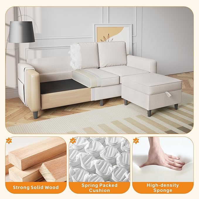 78" Sectional Sofa Couches for Living Room, Convertible L Shaped Couch with Storage Ottoman, Deep Seat Pet-Friendly Linen Fabric Sofa Set for Small Space, Apartment, Dorm