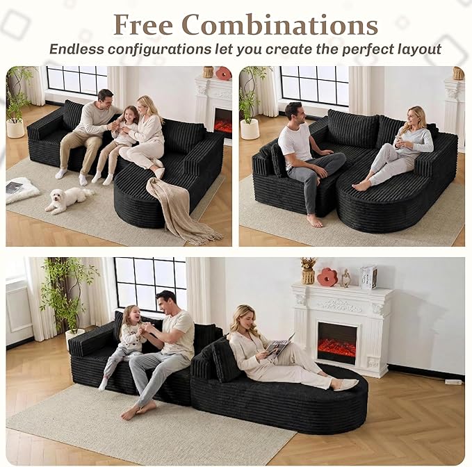 103”Boneless Couches for Living Room, L-Shaped Modular Sectional Sofa with Chaise, Modern Corduroy Cloud Couch with Deep Seat, Comfy Sponge Compression Convertible Sofas