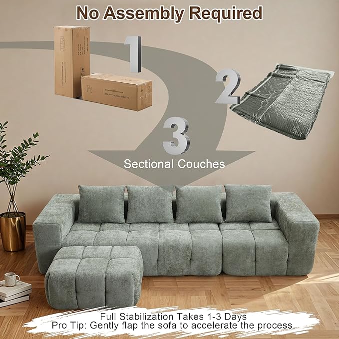119" Boneless Couch, Cloud Sectional Couch with Deep Seat, High-Density Memory Foam and Chaise, Sectional L Shaped Sofa, Boneless Couches for Living Room, No Assembly Required Tufted Sofa, Green