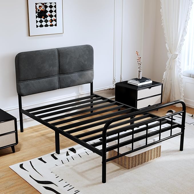 14Inch Metal Bed Frame,Twin Size Bed Frame with Upholstered Headboard,Heavy Duty Sturdy Mattress Foundation,Easy Assembly,No Box Spring Needed,Grey-Twin