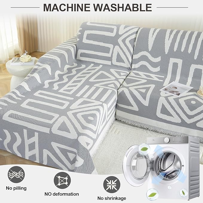 OstepDecor Boho Sectional Couch Covers 2 Pieces, L Shaped Sofa Cover, Chenille Couch Cover for Dogs Washable, Couch Cover Blanket, Sofa Slipcover for 2-3 Cushion Couch (71"x110"+71"x118", Gray)