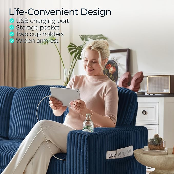 LINSY HOME Sectional Sleeper Sofa Pull Out Couches for Living Room (Blue, Sleeper Sofa 3) | Pull Out Sofa Bed, Storage, USB Charging, Cup Holders, Plush Corduroy