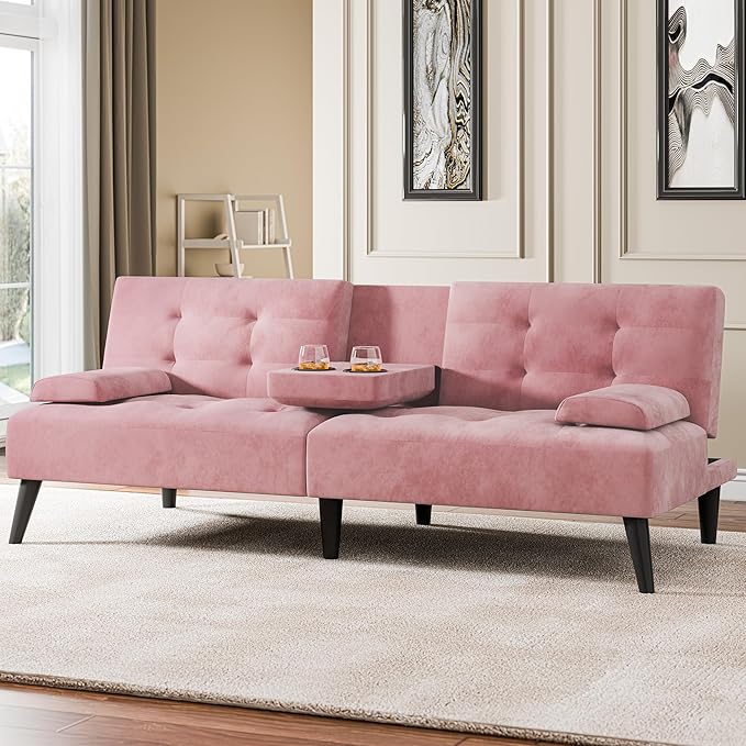Meilocar Futon Sofa Bed, Modern Convertible Sofa Couch Recliner, 64 in Adjustable Sofa Bed for Living Room, Removable Armrest Pillow, 2 Cup Holders, 3 Angles Back, 5.3FT, Pink