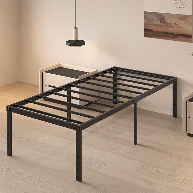 20 Inch Twin XL Size Bed Frame, No Box Spring Needed, Heavy Duty Black Metal Platform Mattress Foundation with Steel Slats, Non-Slip Noise Free Easy Assembly, Large Storage
