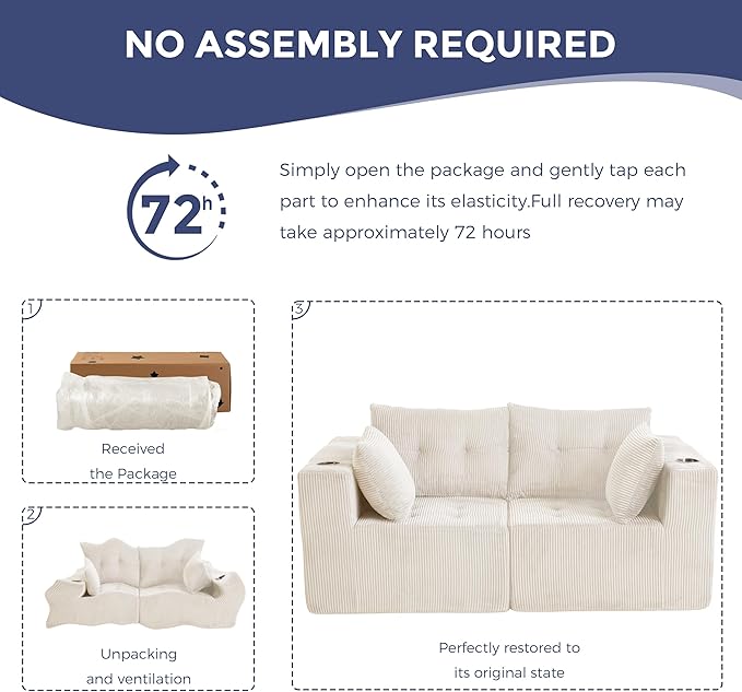 MAXYOYO Modular Sectional Sofa Couch, Loveseat Boneless Cloud Couch for Living Room, Sofa in A Box, Tufted Upholstered Cozy Chair with Cup Holders, No Assembly Required, Beige