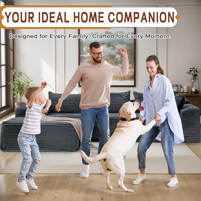 110" L-Shaped Modular Sectional Sofa with Chaise, Boneless Comfy Corduroy Fluffy Couch with Deep Seat and Side Pockets, Flexible Module Combination for Living Room, No Assembly, Side Pockets