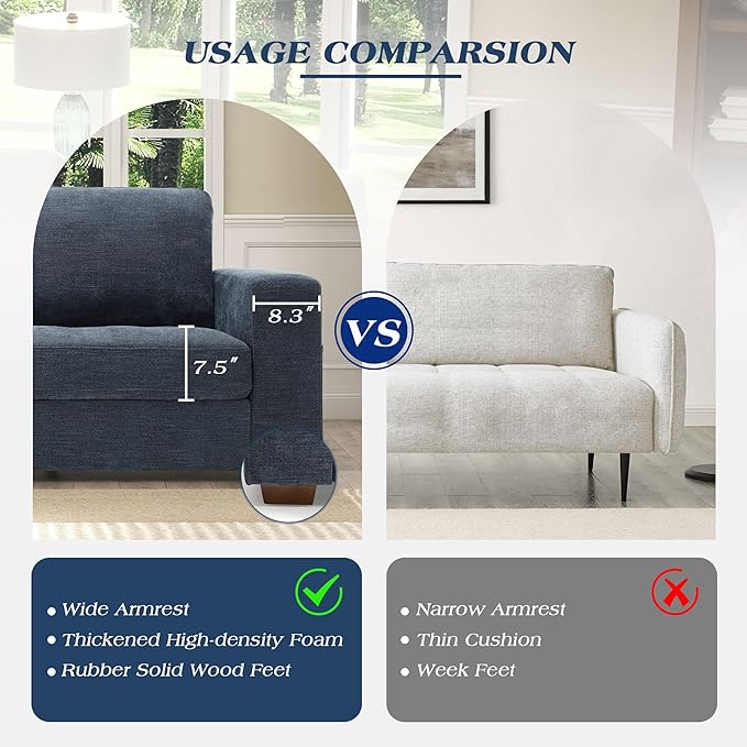 WorthFurni Sofas for Living Room, Chenille Loveseat Couch Set, Small Sofa, 3 Seater Sofa, USB Charging, Removable Sofa Cover,Solid Wood Frame, Easy to Install(70inch,Blue)