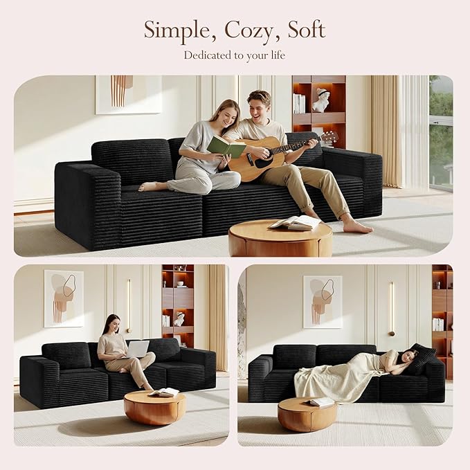 Vesgantti 119" Modular Sectional Sofa, Corduroy Cloud Couch with Deep Seating & Spring Support, 3 Seater Flexible Layout Sofa, Boneless Couch for Living Room & Apartment, No Assembly Required, Black