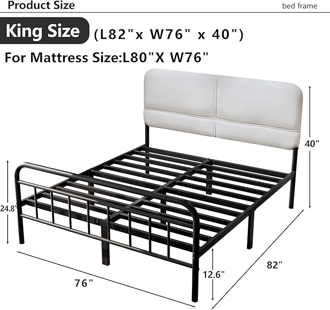 14Inch Metal Bed Frame,King Size Bed Frame with Upholstered Headboard,Heavy Duty Sturdy Mattress Foundation,Easy Assembly,No Box Spring Needed,White-King