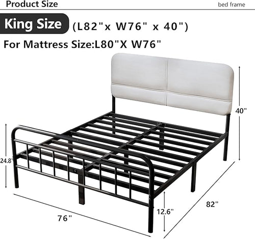 14Inch Metal Bed Frame,King Size Bed Frame with Upholstered Headboard,Heavy Duty Sturdy Mattress Foundation,Easy Assembly,No Box Spring Needed,White-King