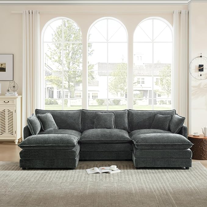 mikibama Modular Sectional Sofa, 111.5 Inch U Shaped Couch Set for Living Room, 3-Seater Comfy Cloud Couches with Movable Ottoman, DIY Combination, Chenille, Grey