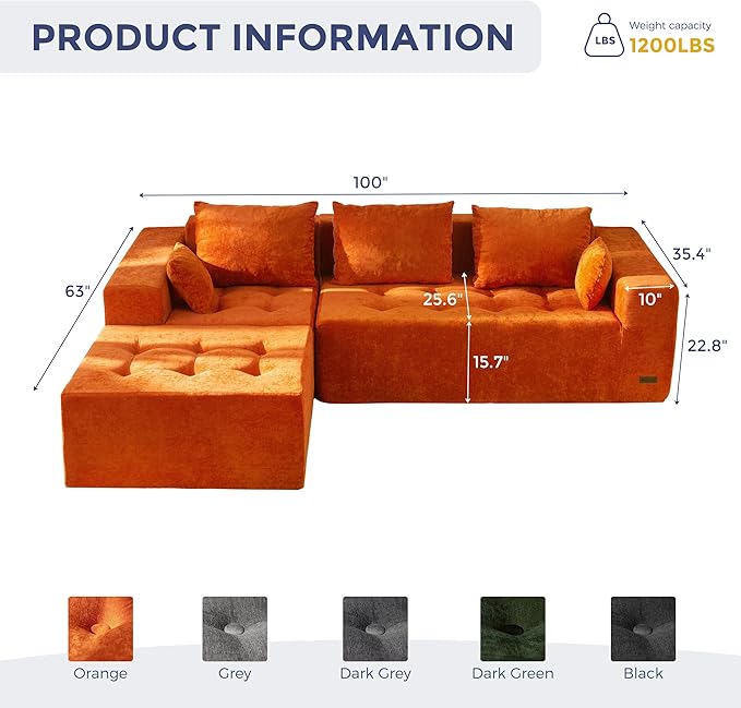MAXYOYO Modular Sectional Sofa Couch, L Shaped Boneless Cloud Couch with Flexible Ottoman, Chenille Upholstered Living Room Sleeper Sofa Chair for Living Room, No Assembly Required, Orange