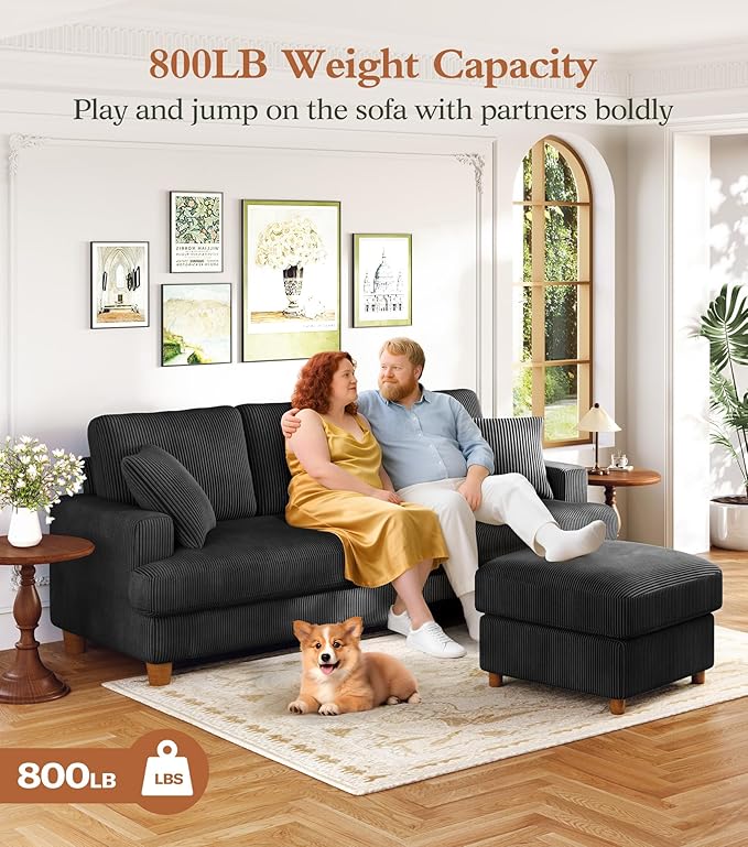 87" L shape Corduroy Couch, Sofa No Tool Assembly, Comfy Couches for Living Room 21in Deeper Seats, Corduroy Sofas for Living Room with 2 Pillows, Oversized Loveseat Sofa, Boho Love Seat, Black | Comfy Corduroy, Oversized 87in Couch, 850LB Tough, Tool-...