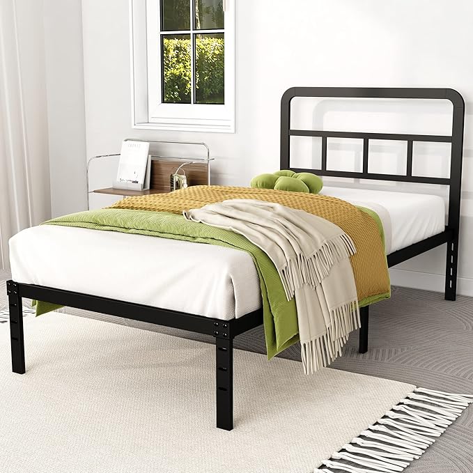 DiaOutro 14 Inch Twin XL Bed Frame with Headboard No Box Spring Needed Metal Platform Heavy Duty Steel Slat Mattress Foundation/Easy Assembly/Noise Free/Black