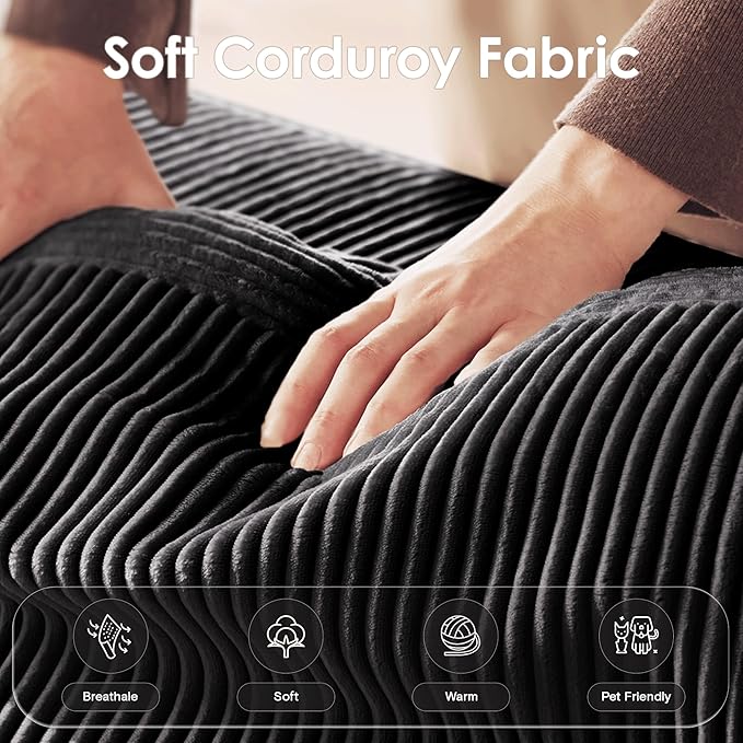 Cloud Couch Sectional, Oversized Boneless Couch Sofa with Deep Seat, Corduroy Comfy Cloud Modular Loveseat Sofa with Ottoman, Sectional Couches for Living Room No Assembly Required (Black)