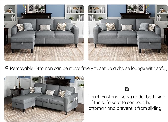 Sectional Sofas Couches for Living Room Convertible L Shaped Couch | Sofa with Ottoman, Washable Sofa Covers, 78" Small Couch, Grey Linen Fabric, 3 Seat Storage Couch