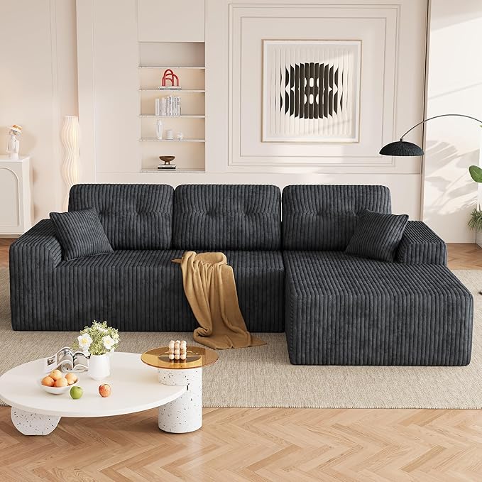Ball & Cast 106" Boneless Sectional Sofa, Corduroy Modular L Shaped Couch with Deep Seat Chaise, Cloud Style Oversized Sofa for Living Room, No Assembly, Right Facing,Grey
