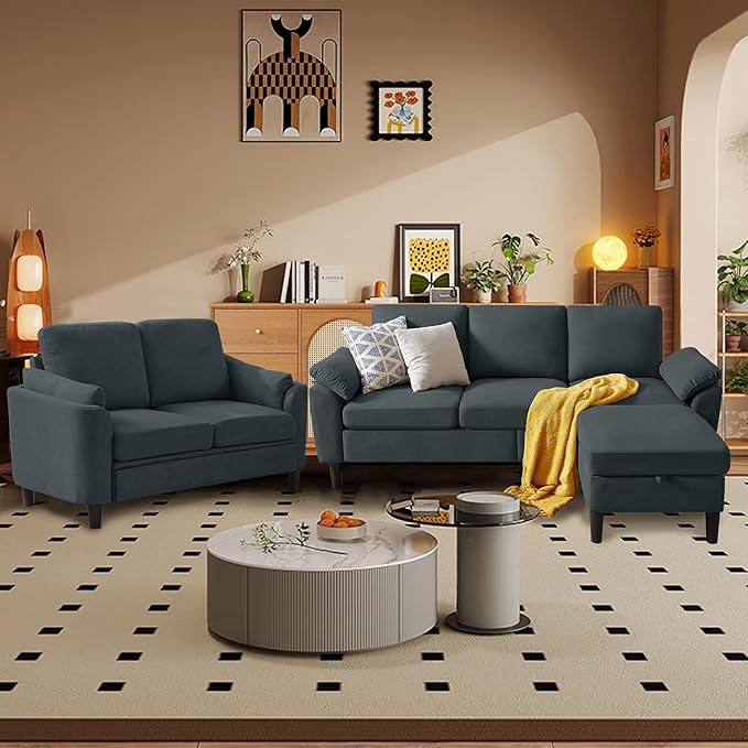 80" Convertible Sectional Sofa Set, Modern Linen Small L Shaped Couch with Reversible Chaise and Loveseat Sofa, 3-Seat Sofa Couches for Living Room, Office, Apartment, Dark Grey