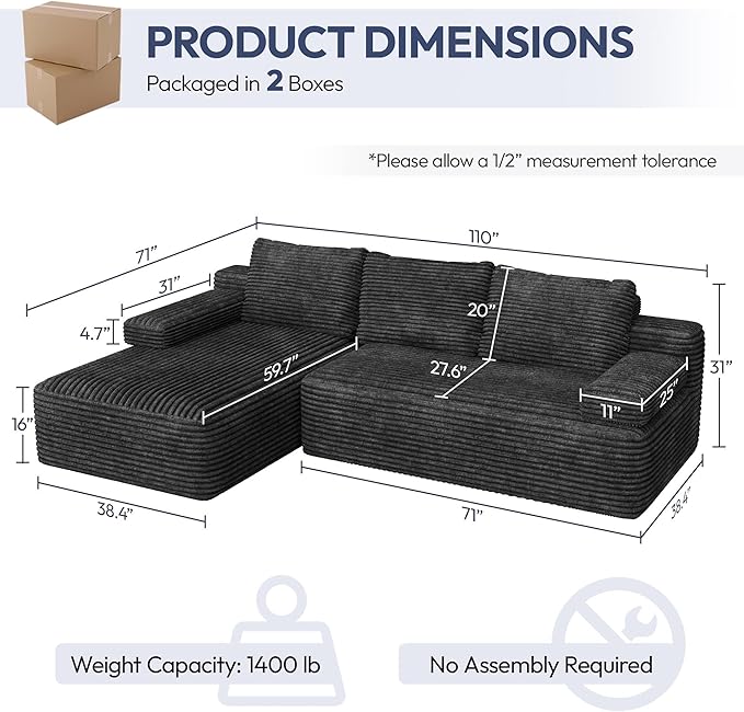 Yaheetech 110" Modular Sectional Sofa Corduroy Boneless Couch with Chaise L-Shape Cloud Couch with Detachable Pillows No Assembly Sofa for Living Room, Dark Gray