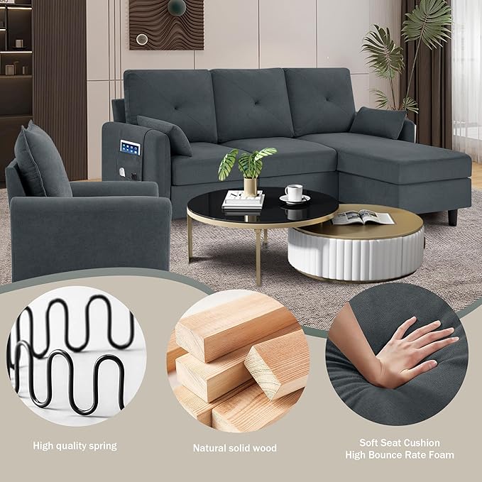 Convertible Sectional Sofa, 77" Small L Shaped 3 Seat Couch with Reversible Storage Chaise, and Accent Chair Set Modern Polyester Fabric Sofa Couches for Living Room, Apartment, Dark Grey